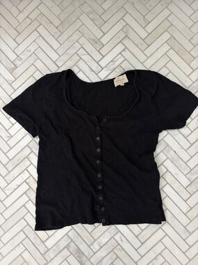 Sezane Black Short Sleeve Button-Down Top